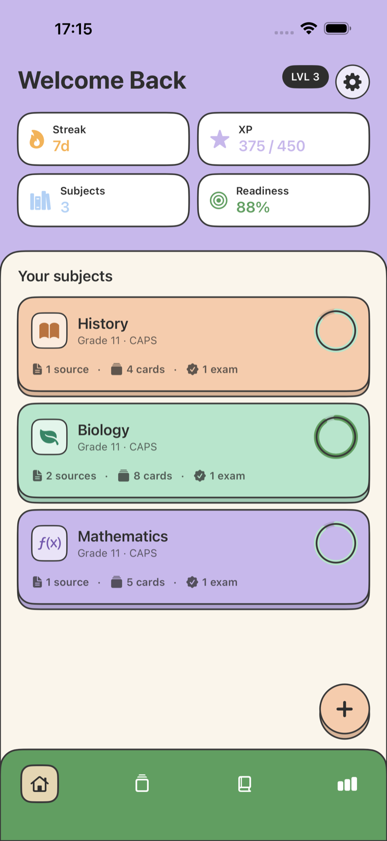 Quizar home screen showing a list of subjects, a study streak, XP earned and a readiness ring.