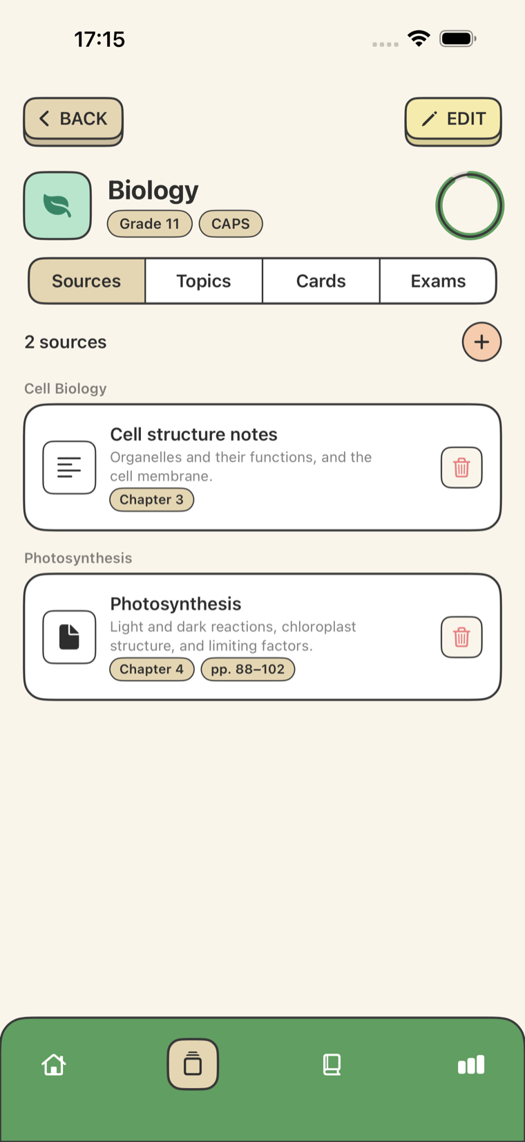 A subject's sources in Quizar, including a textbook chapter imported into the app.