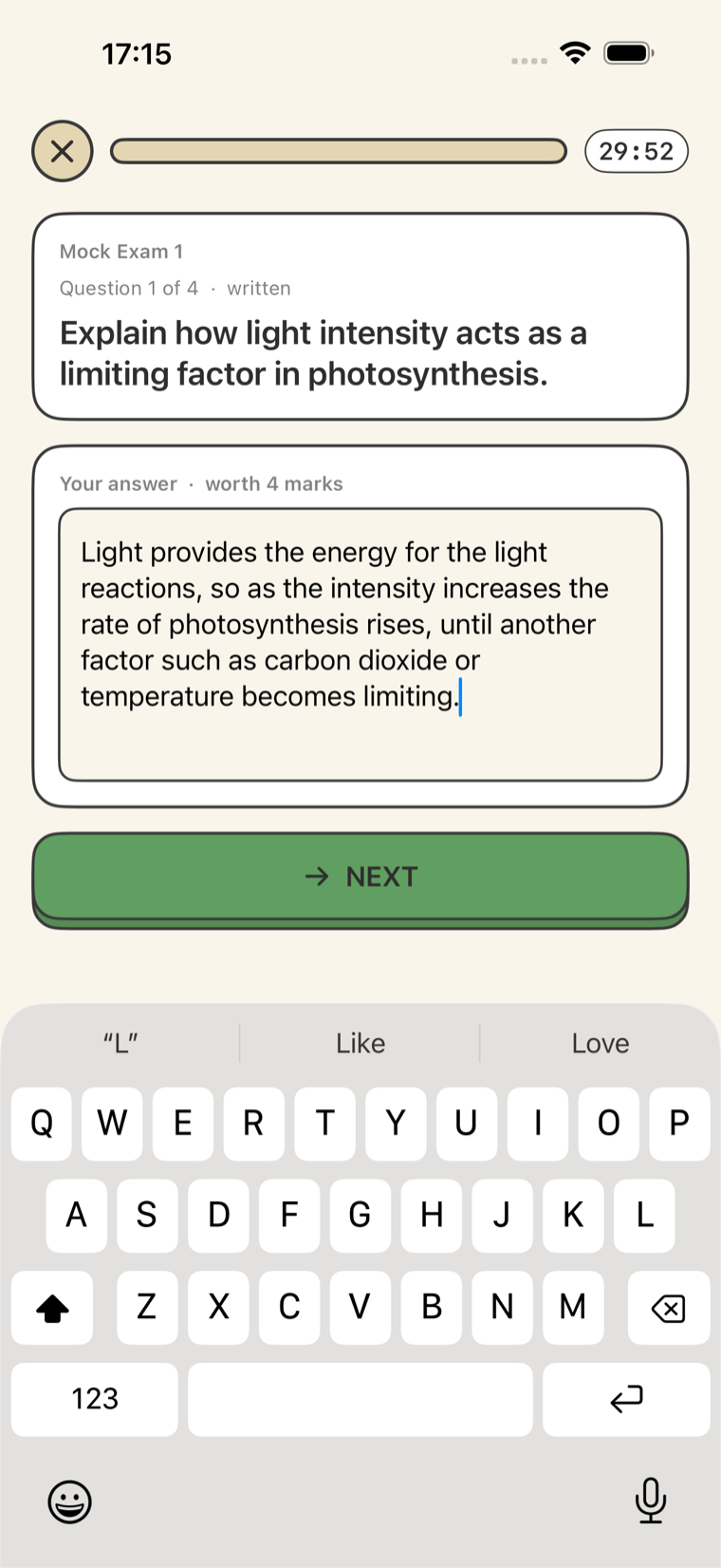 A written exam answer in Quizar being marked by AI with mark-by-mark feedback.