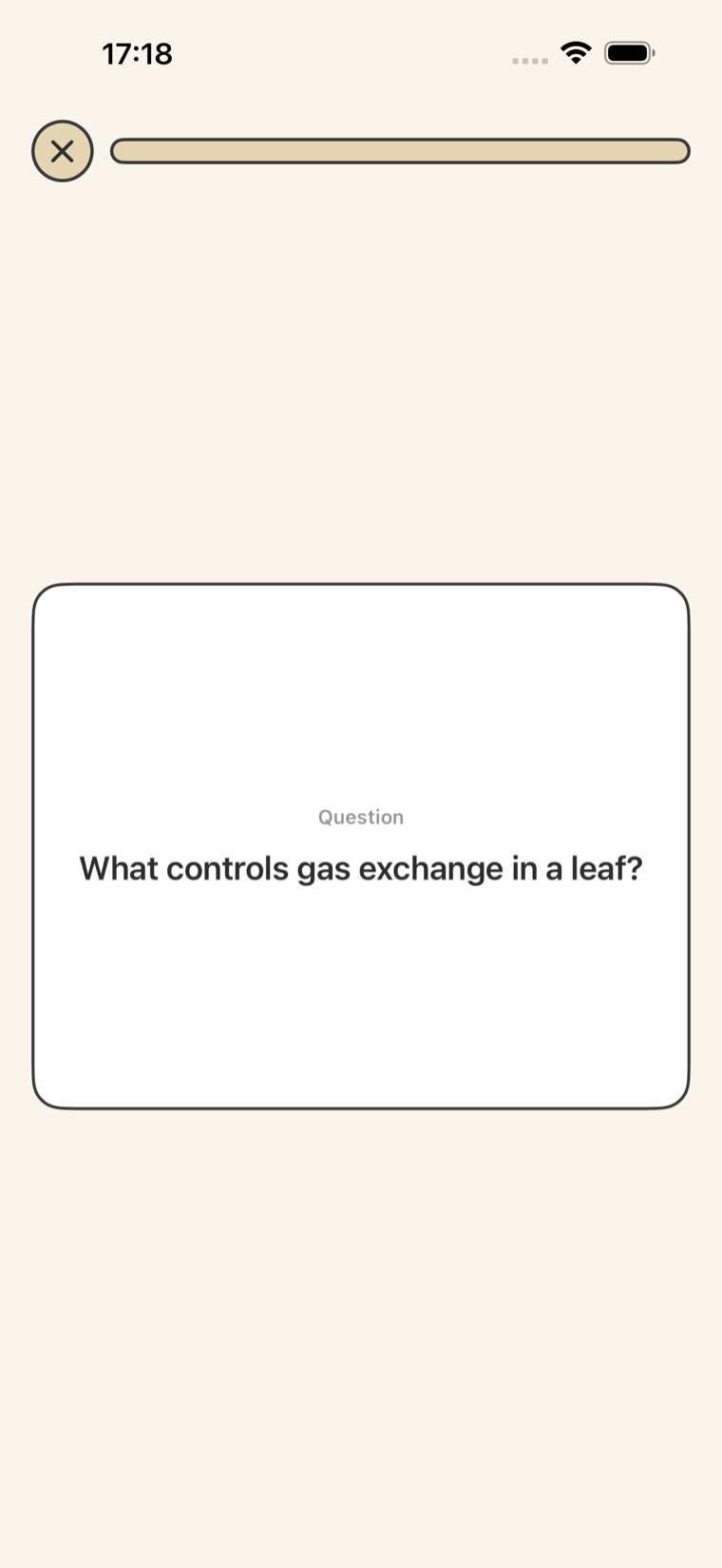 A Quizar flashcard with a question shown on a white card, ready to be flipped.
