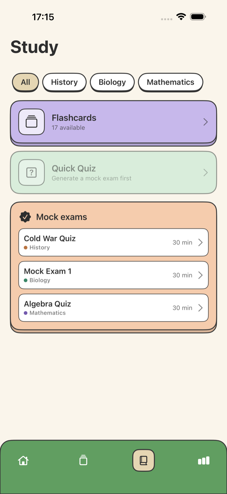 The Quizar study screen listing generated mock exams for a subject.